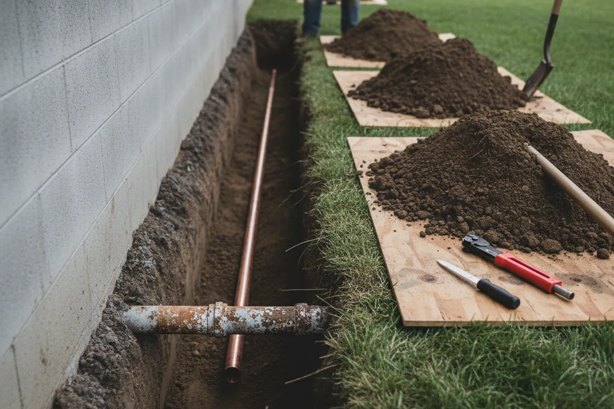 Excavated water line trench during Water Heater Repair in Amity